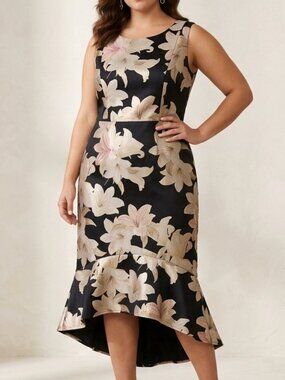 En Focus Studio Metallic Floral High-Low Midi Dress Champagne Gold Size 14W